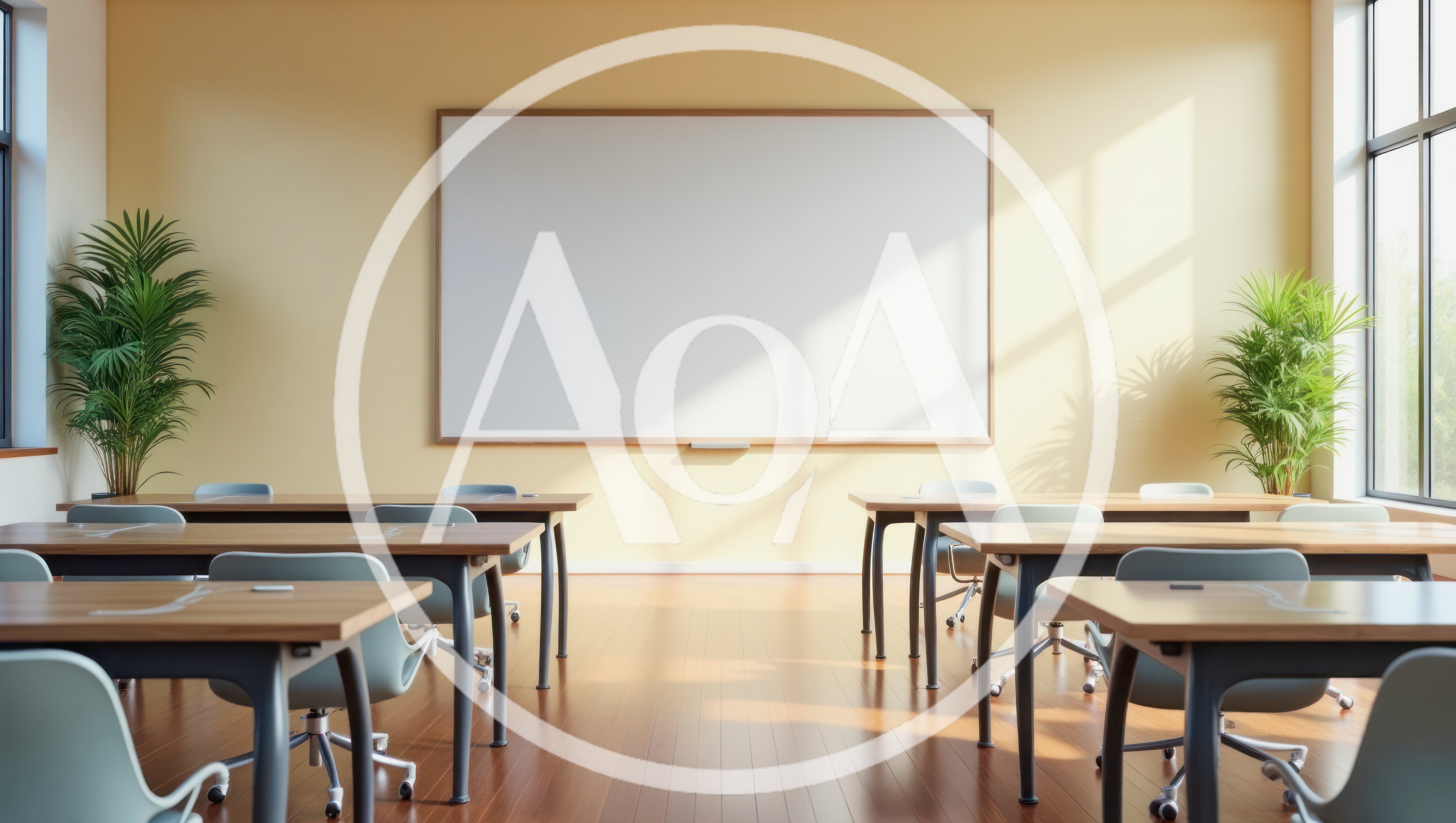 Empty Modern Classroom With Wooden Desks And Whiteboard