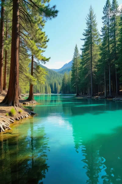 Turquoise Alpine Lake Surrounded By Dense Pine Forest