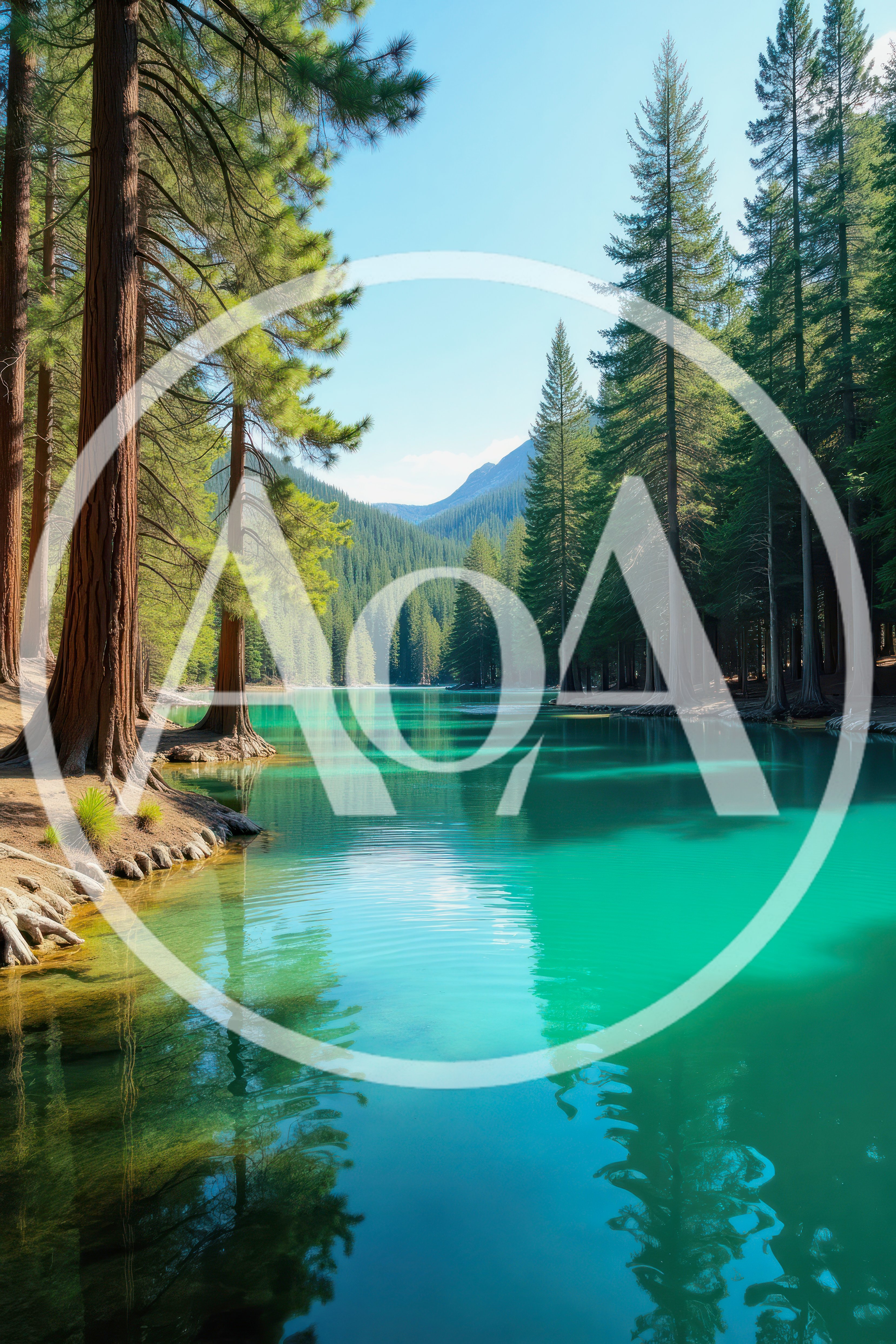 Turquoise Alpine Lake Surrounded By Dense Pine Forest