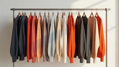 Row Of Colorful Sweatshirts Hanging On A Clothing Rack
