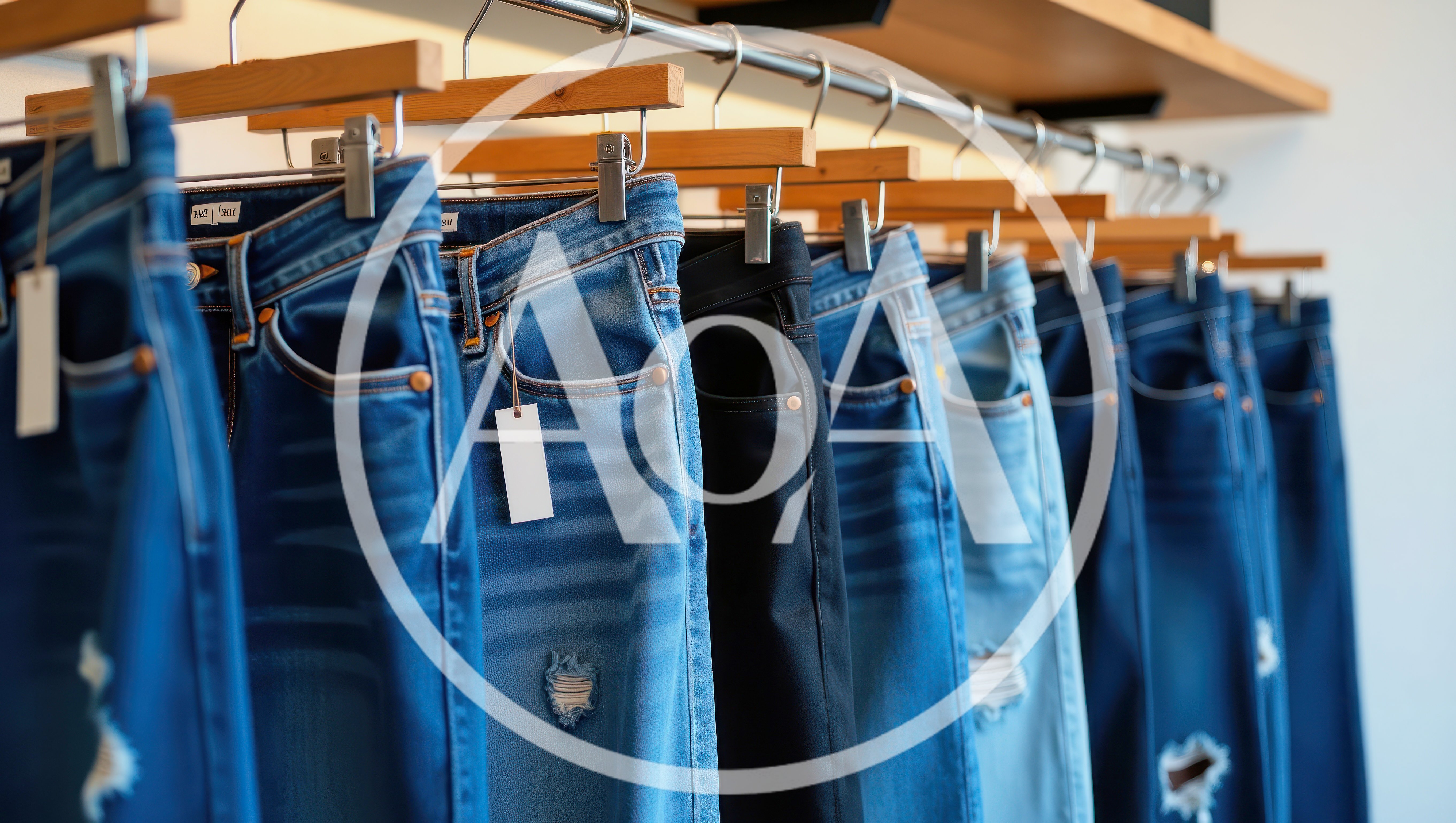 Row Of Denim Jeans Hanging On A Clothing Rack