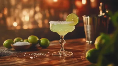Margarita Cocktail With Lime Garnish On Wooden Bar