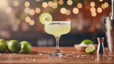 Fresh Lime Margarita Cocktail On A Bar Counter