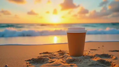 Paper Coffee Cup On Sandy Beach At Sunset