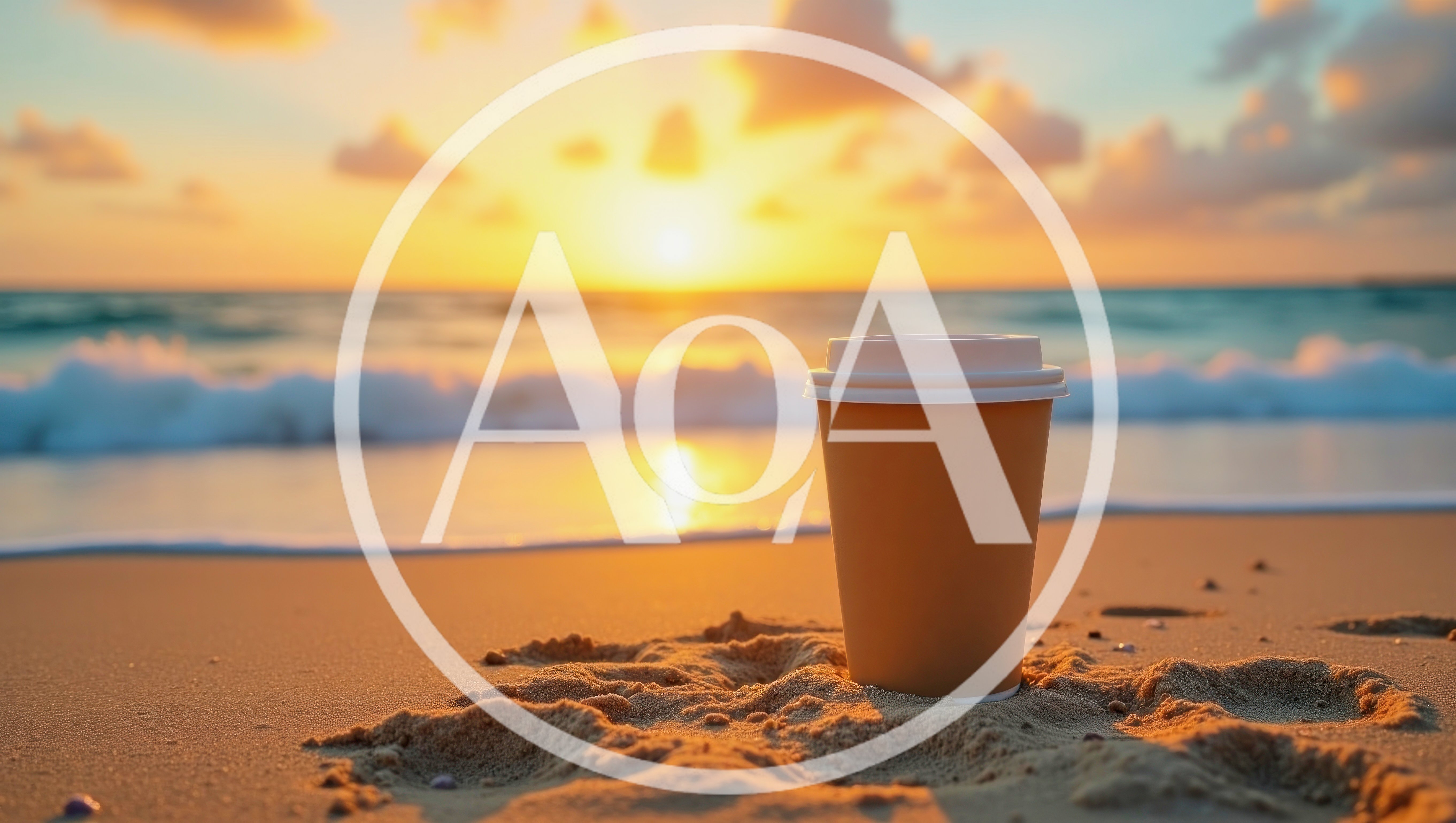Paper Coffee Cup On Sandy Beach At Sunset