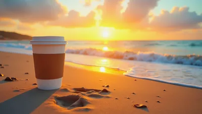Disposable Coffee Cup On A Sandy Beach At Sunset