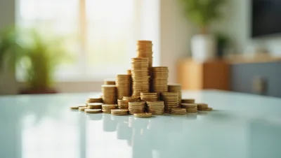 Stack Of Gold Coins On A Reflective Table