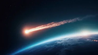 Meteor Streaking Through Earth Atmosphere In Outer Space