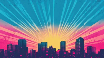 Retro Synthwave Cityscape With Radiant Sunburst Background