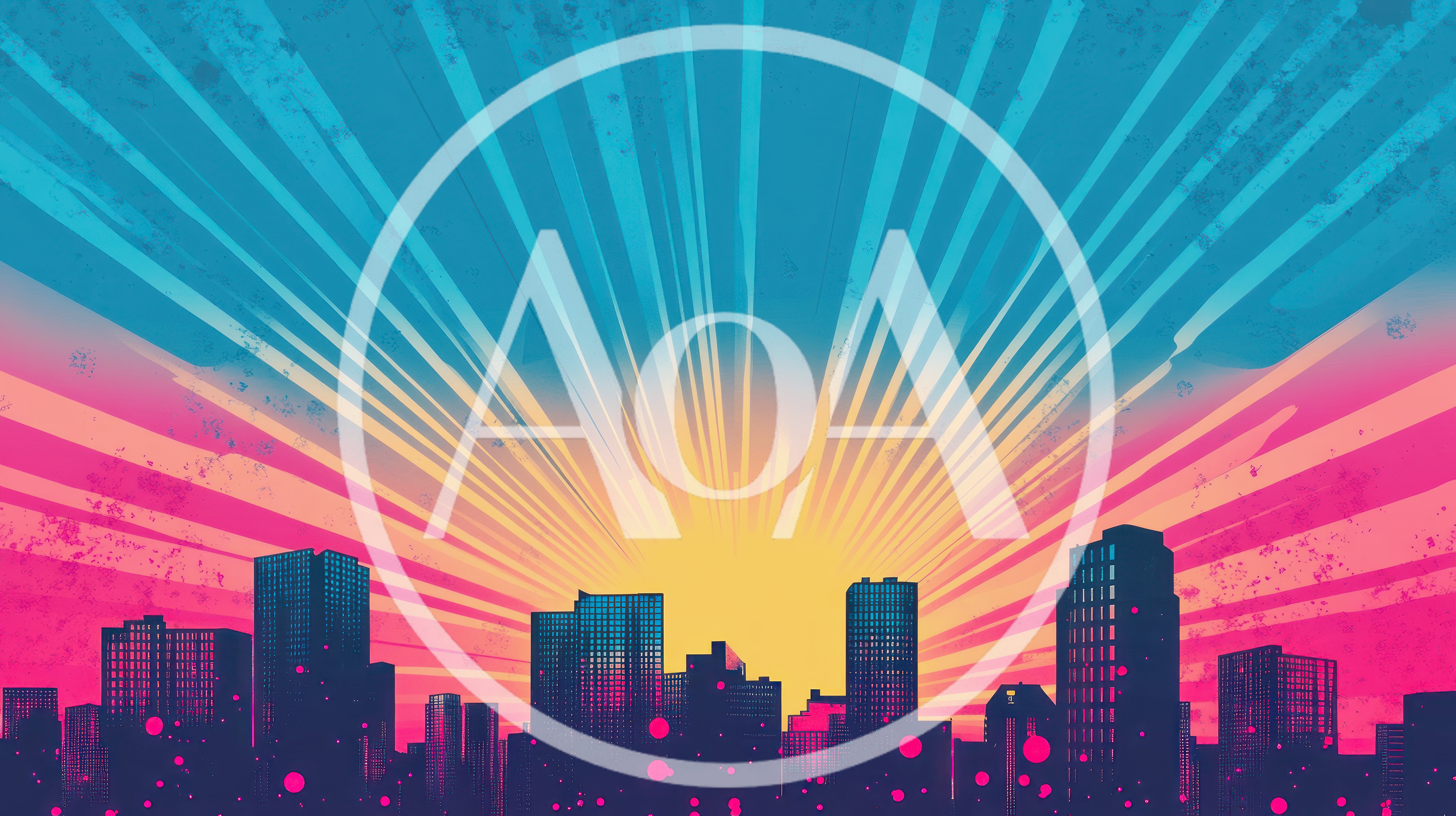 Retro Synthwave Cityscape With Radiant Sunburst Background