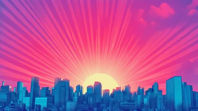Stylized City Skyline Silhouette Against Vibrant Sunset