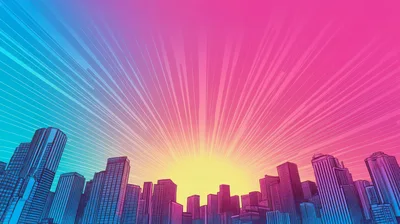 Stylized Cityscape With Vibrant Sunrise Background