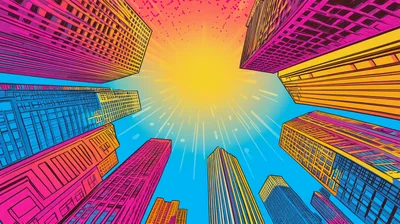 Low Angle View Of Vibrant Pop Art Skyscrapers