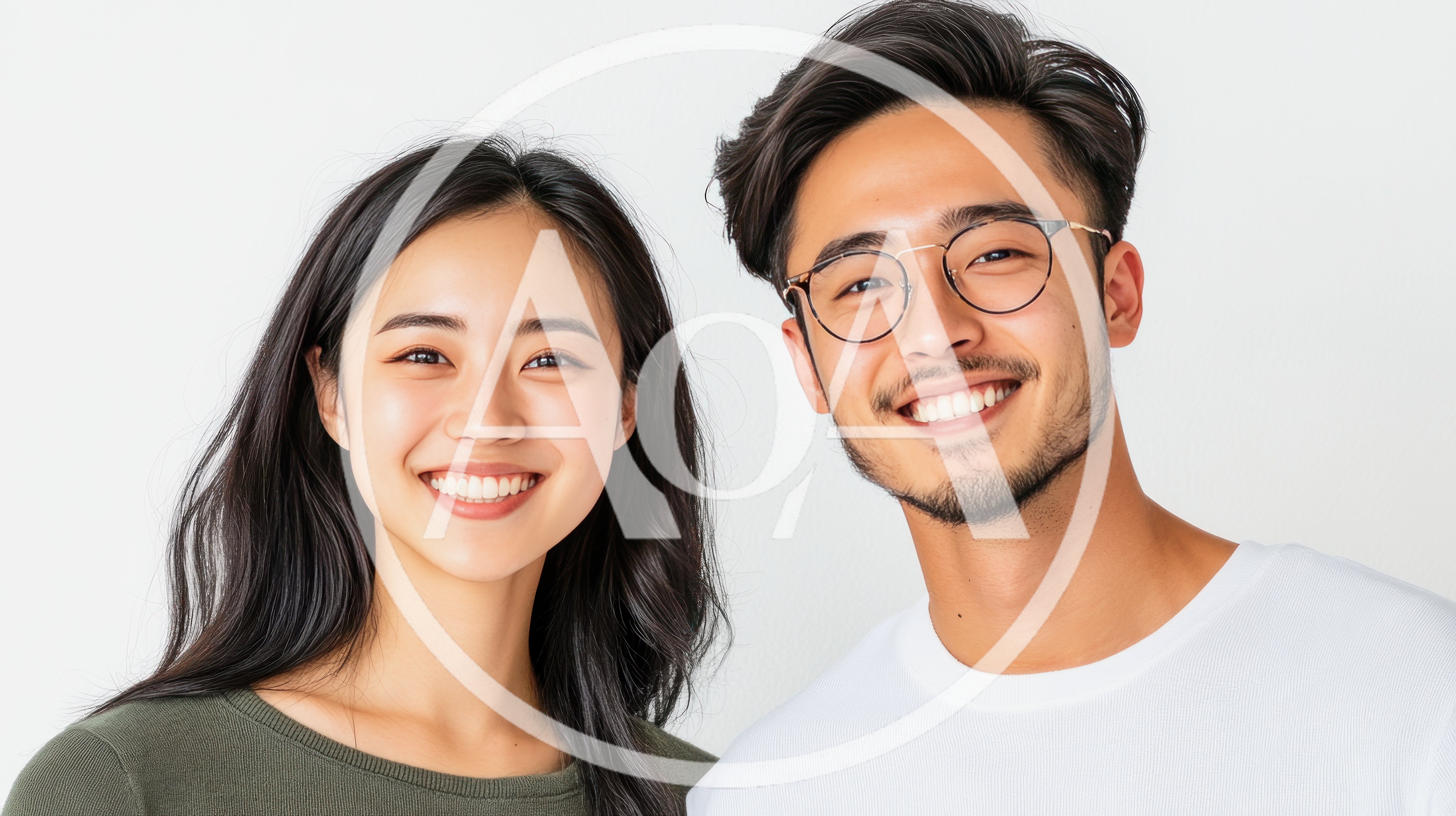 Young Asian Couple Smiling Together Against White Background
