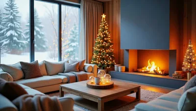 Cozy Living Room With Christmas Tree And Fireplace