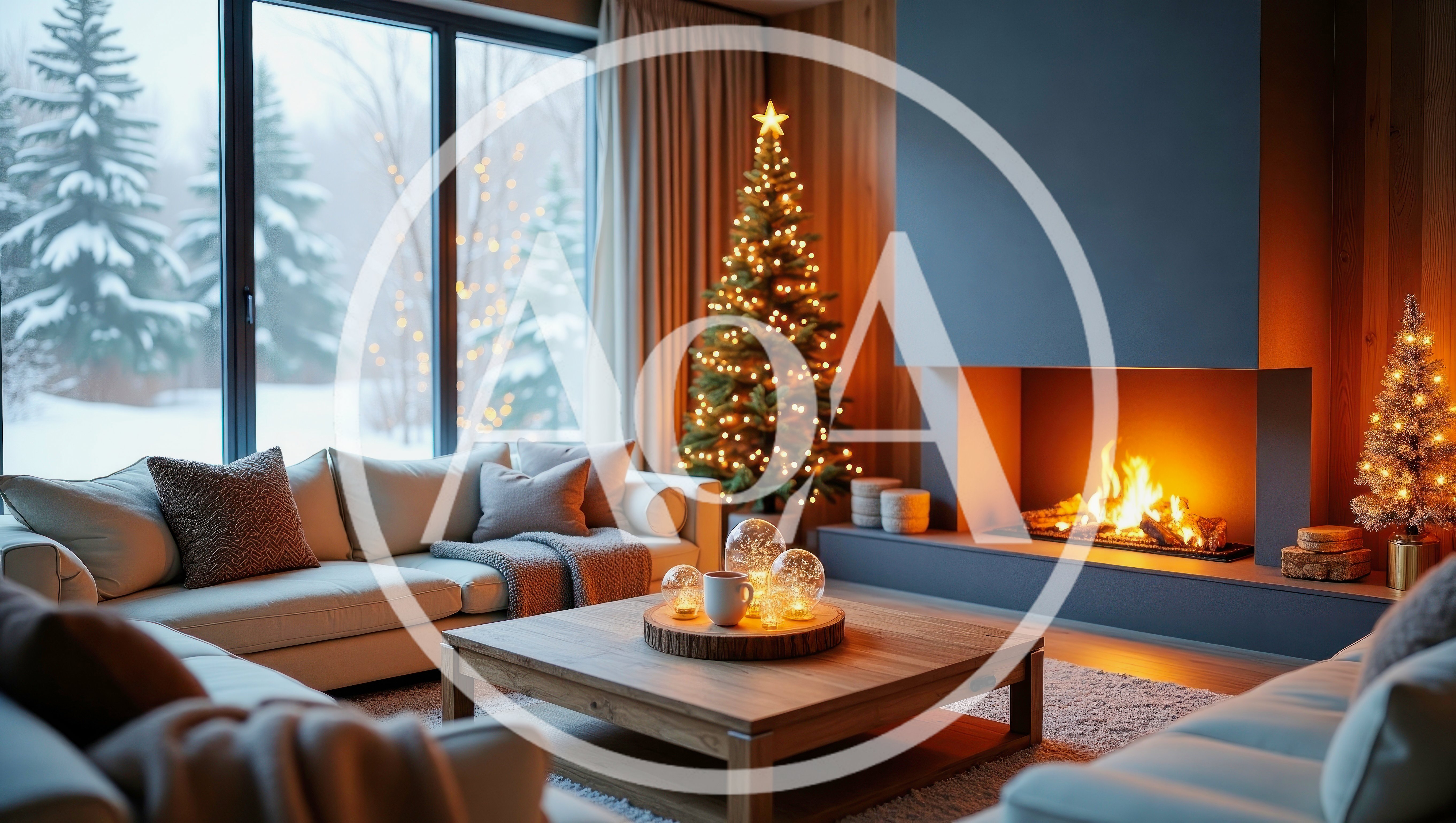 Cozy Living Room With Christmas Tree And Fireplace