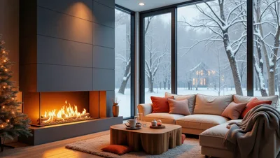 Modern Living Room With Fireplace And Snowy Window View