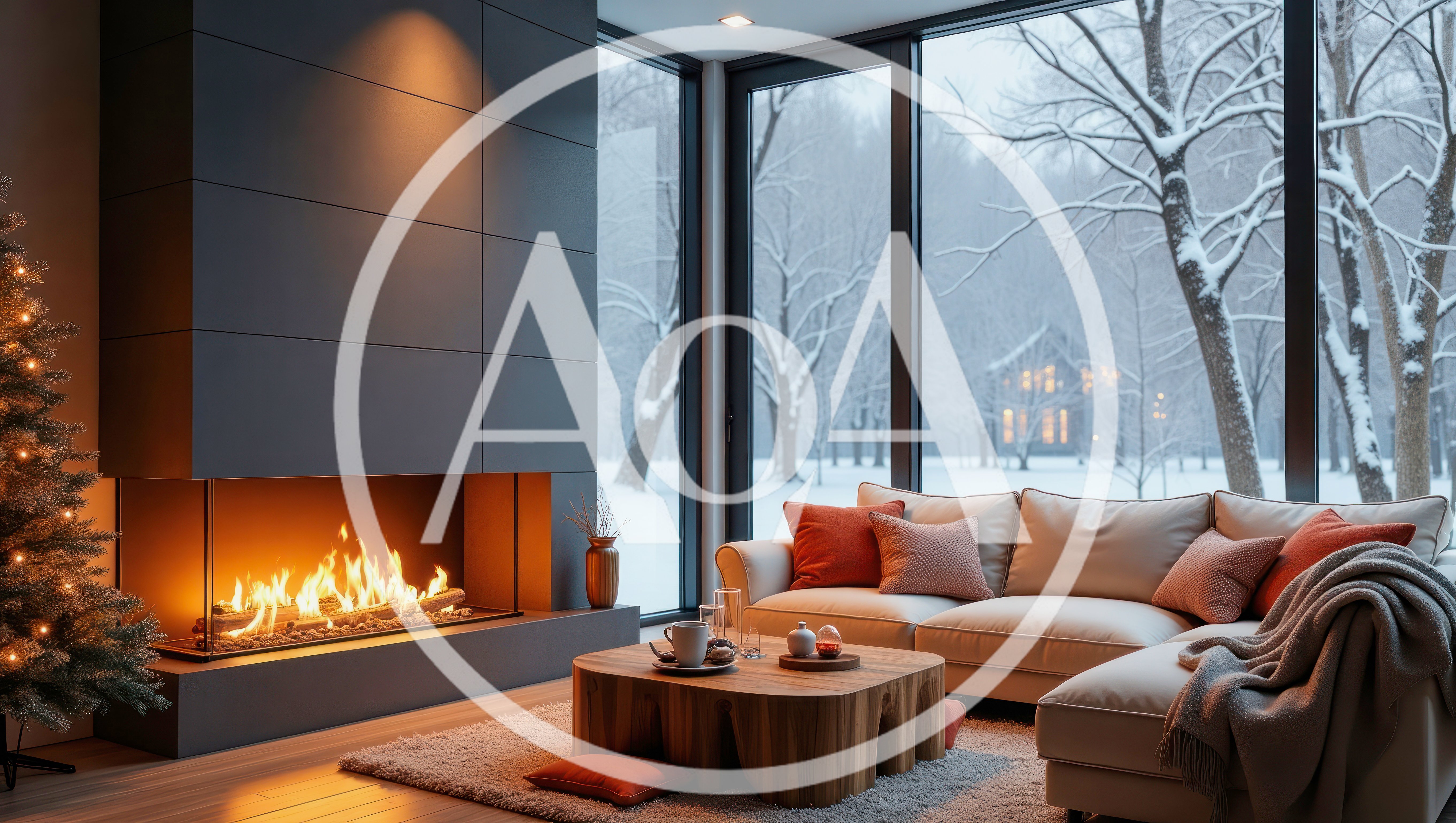 Modern Living Room With Fireplace And Snowy Window View