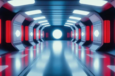 Futuristic Sci-Fi Corridor With Glowing Red Lights