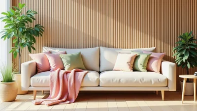 Modern Living Room Interior With Beige Sofa And Plants