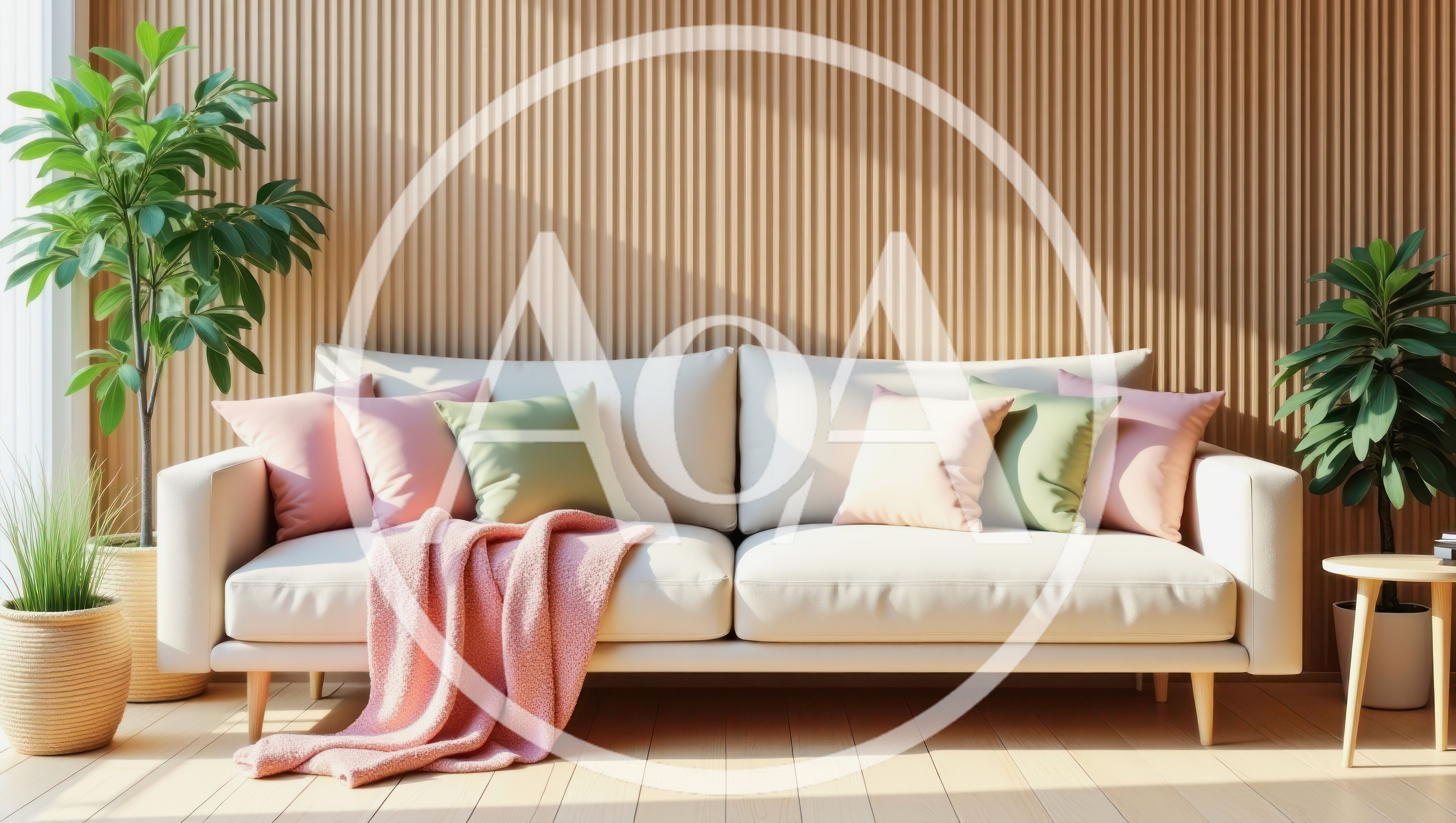 Modern Living Room Interior With Beige Sofa And Plants