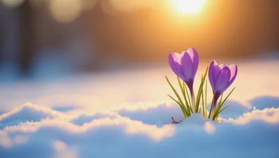 Purple Crocus Flowers Blooming In The Snow