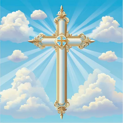 Ornate Golden Christian Cross Against Radiant Blue Sky