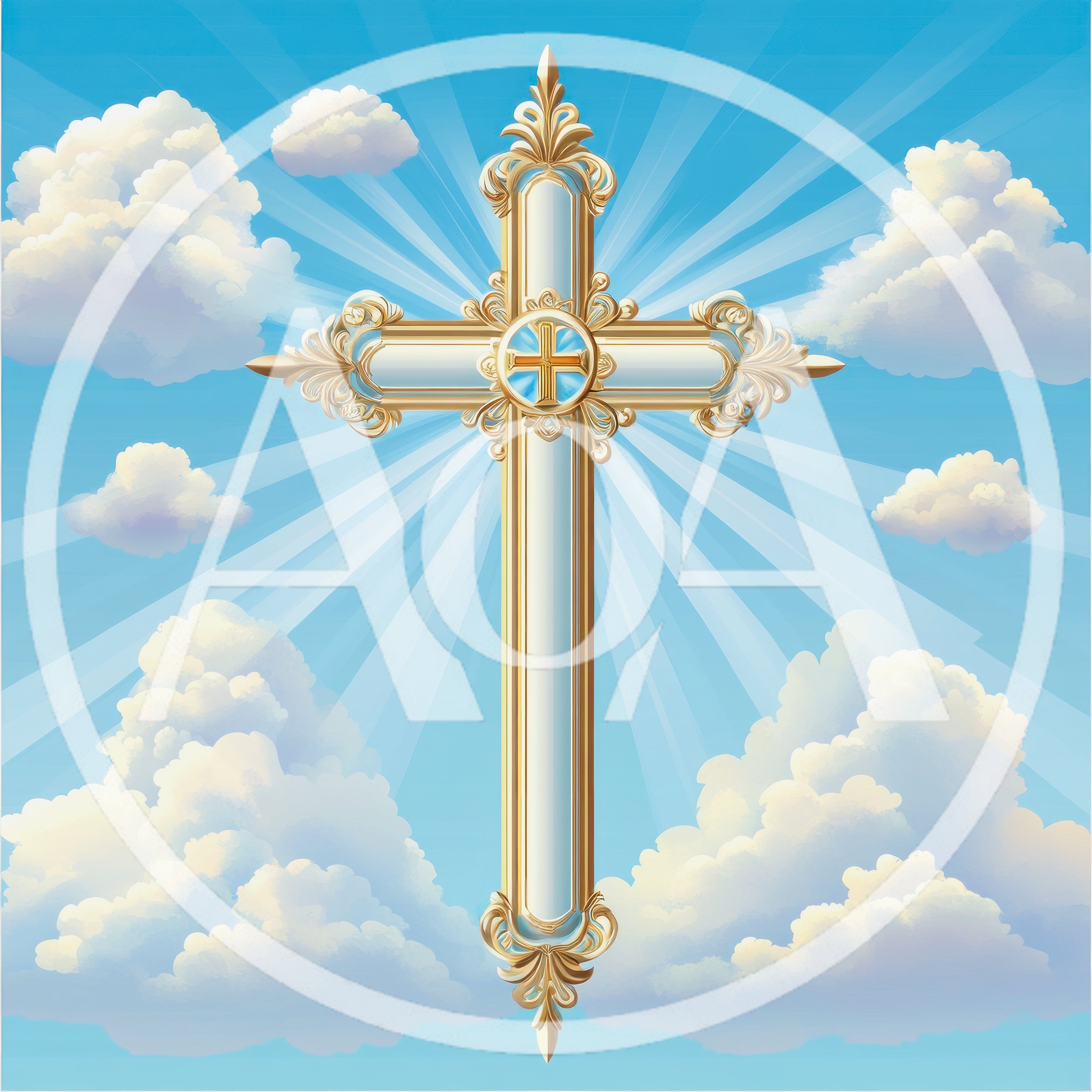 Ornate Golden Christian Cross Against Radiant Blue Sky
