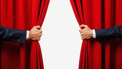 Businessman Hands Opening Red Stage Curtains