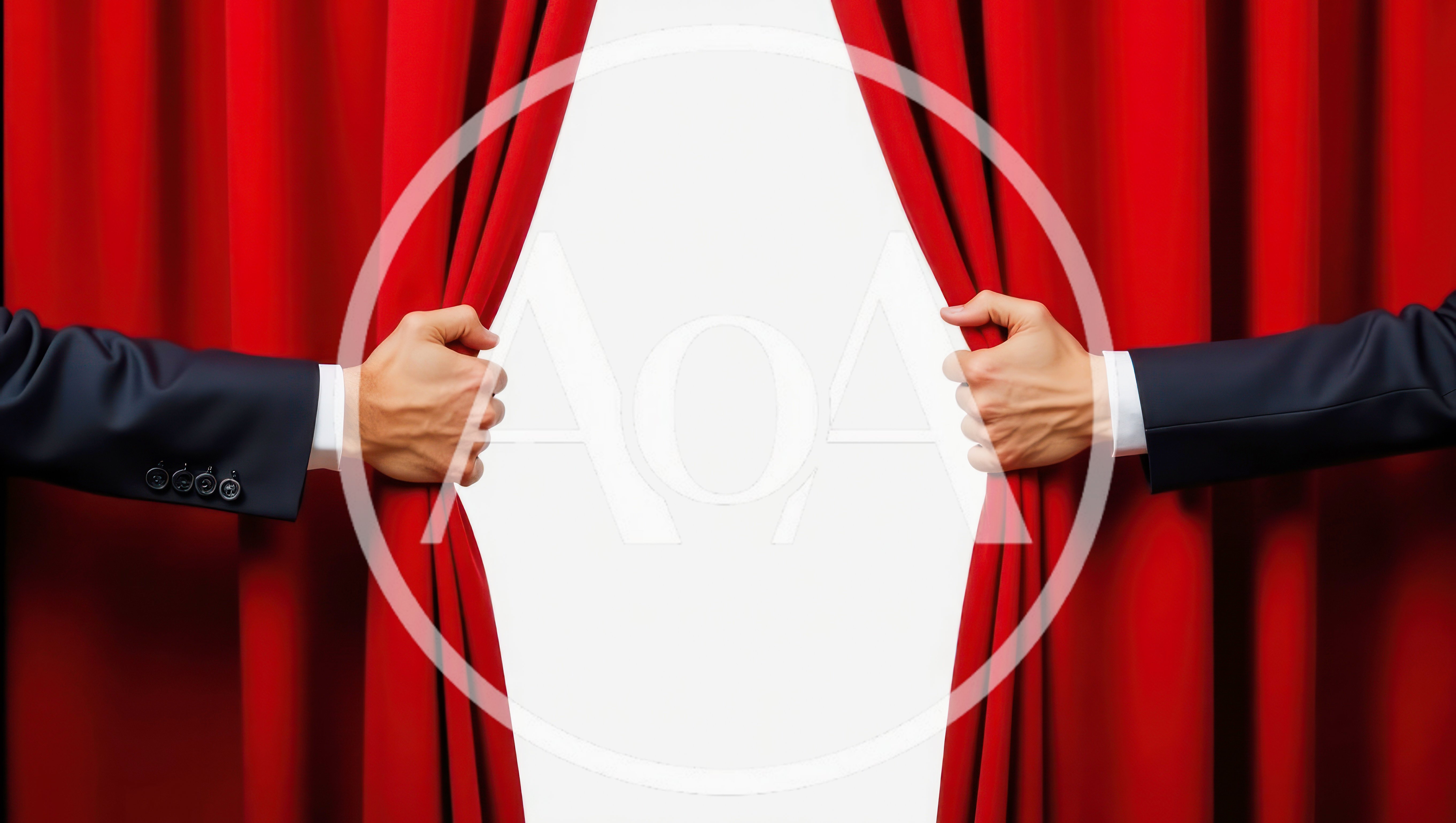 Businessman Hands Opening Red Stage Curtains