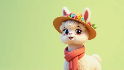 Cute Cartoon Llama Wearing A Floral Hat And Scarf