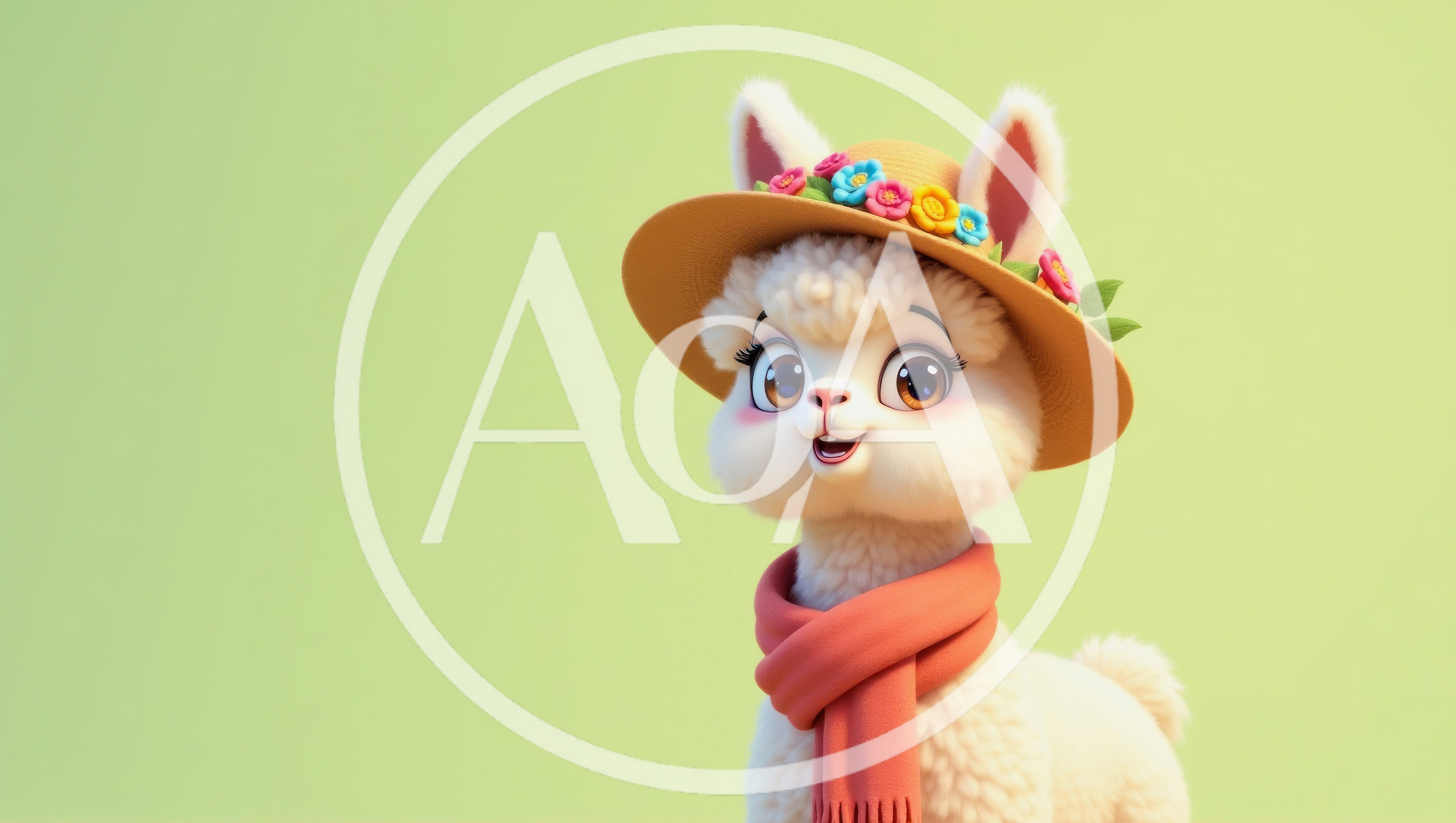 Cute Cartoon Llama Wearing A Floral Hat And Scarf