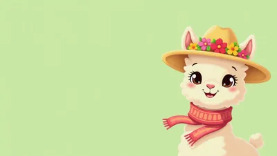 Cute Cartoon Llama Wearing A Floral Hat And Scarf