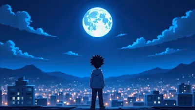 Anime Boy Standing On Rooftop Overlooking City At Night