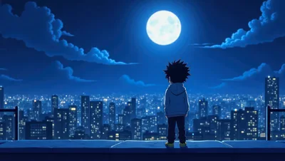 Anime Boy Standing On Rooftop Overlooking City At Night