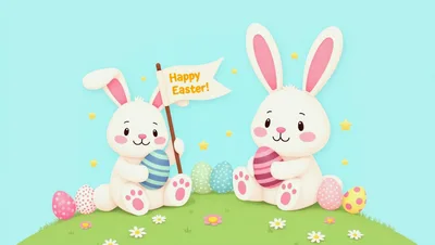 Cute Easter Bunnies Holding Eggs and Flag