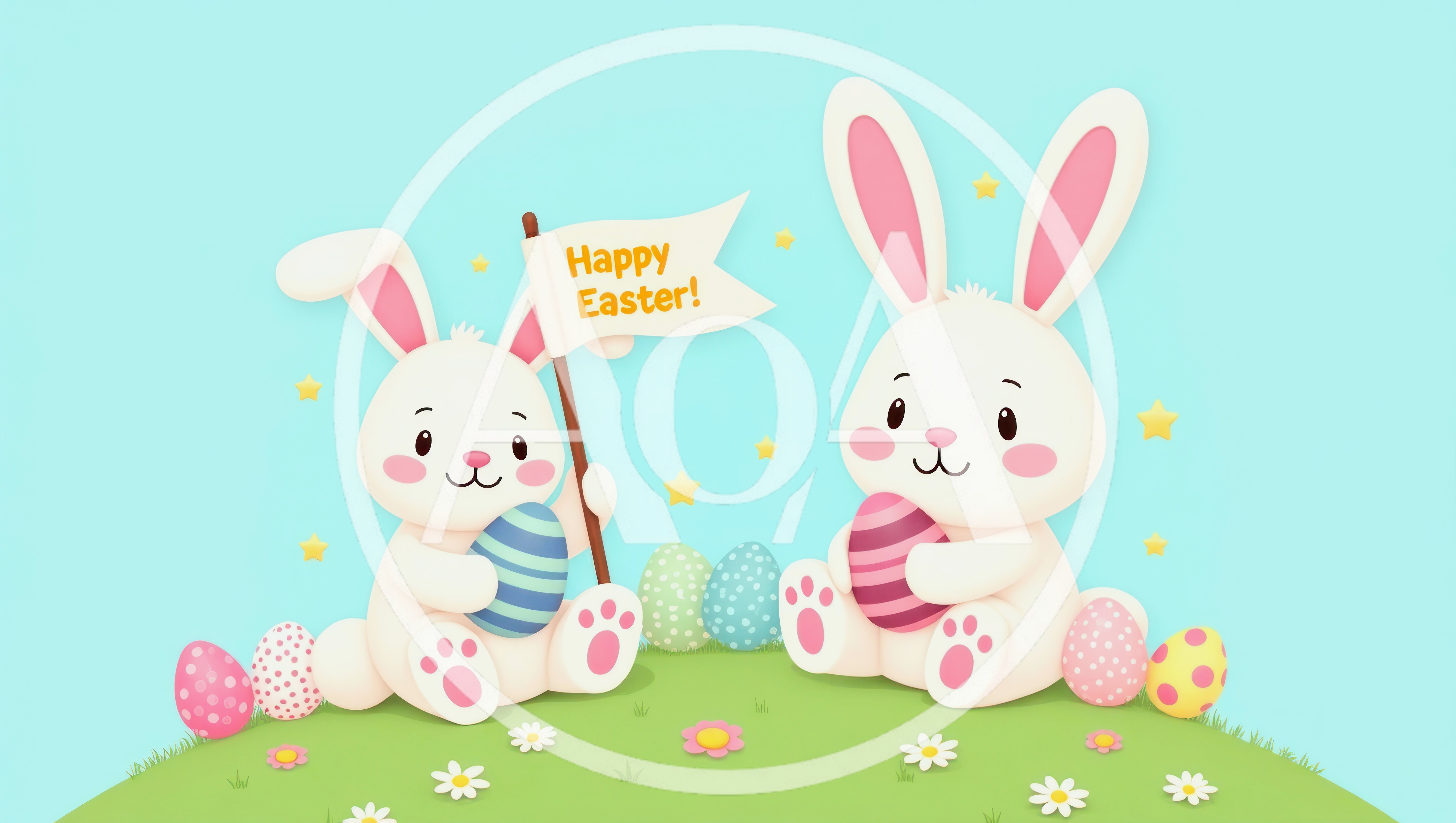 Cute Easter Bunnies Holding Eggs and Flag