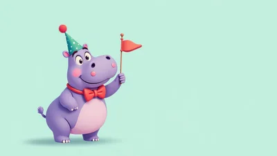 Cute Cartoon Hippo Wearing Party Hat And Bow Tie
