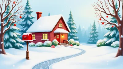 Cozy Red Cabin in Snowy Winter Forest