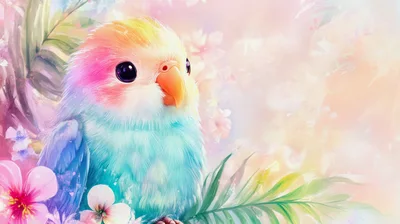 Cute Pastel Rainbow Lovebird Among Tropical Flowers