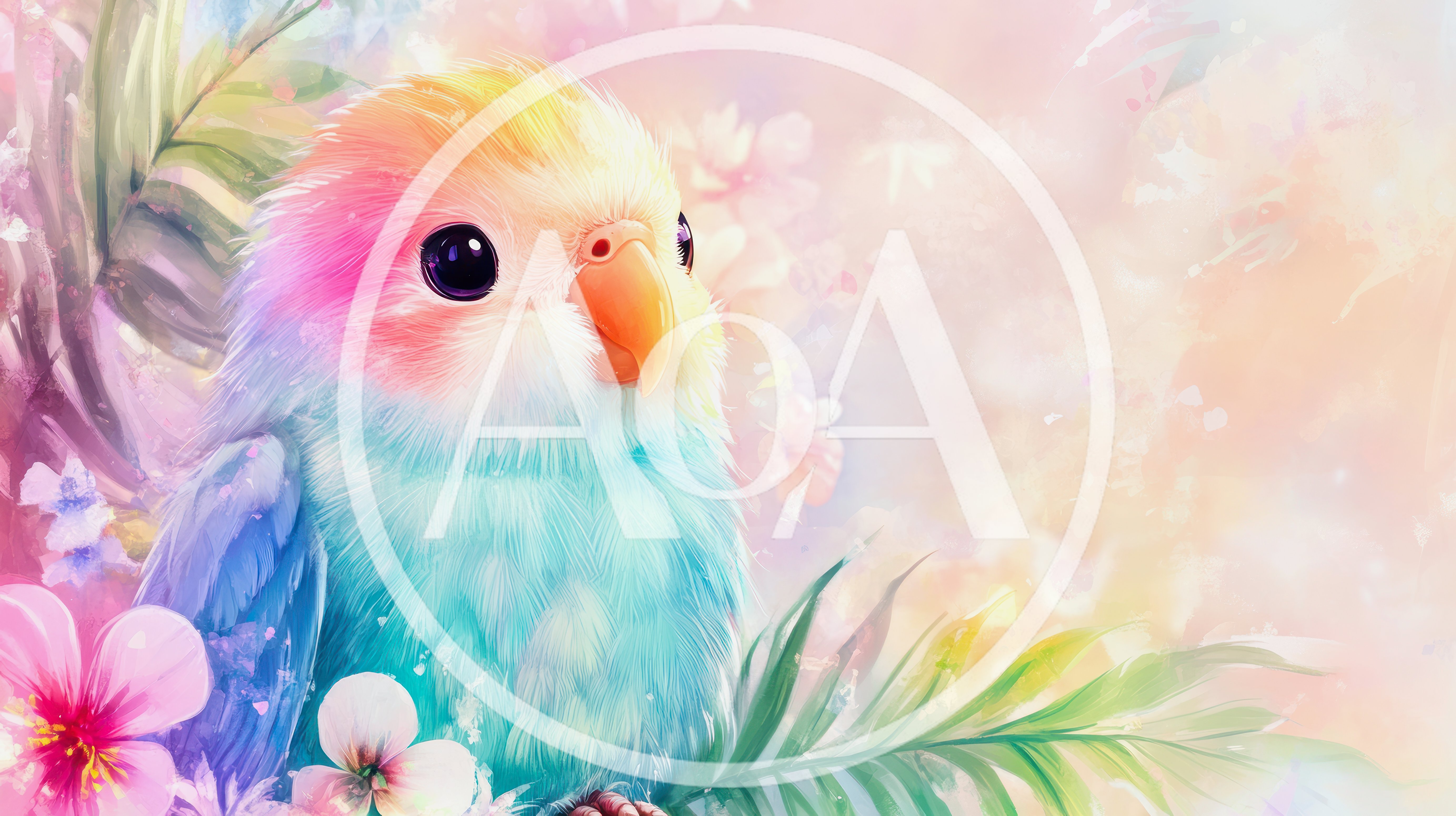 Cute Pastel Rainbow Lovebird Among Tropical Flowers
