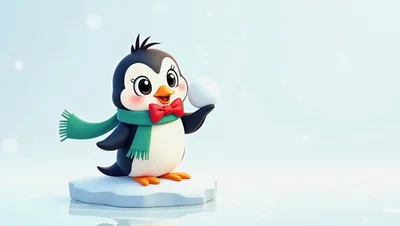 Cute Cartoon Penguin Holding A Snowball