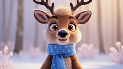 Cute Cartoon Reindeer Wearing A Blue Scarf
