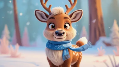 Cute Cartoon Reindeer Wearing A Blue Scarf