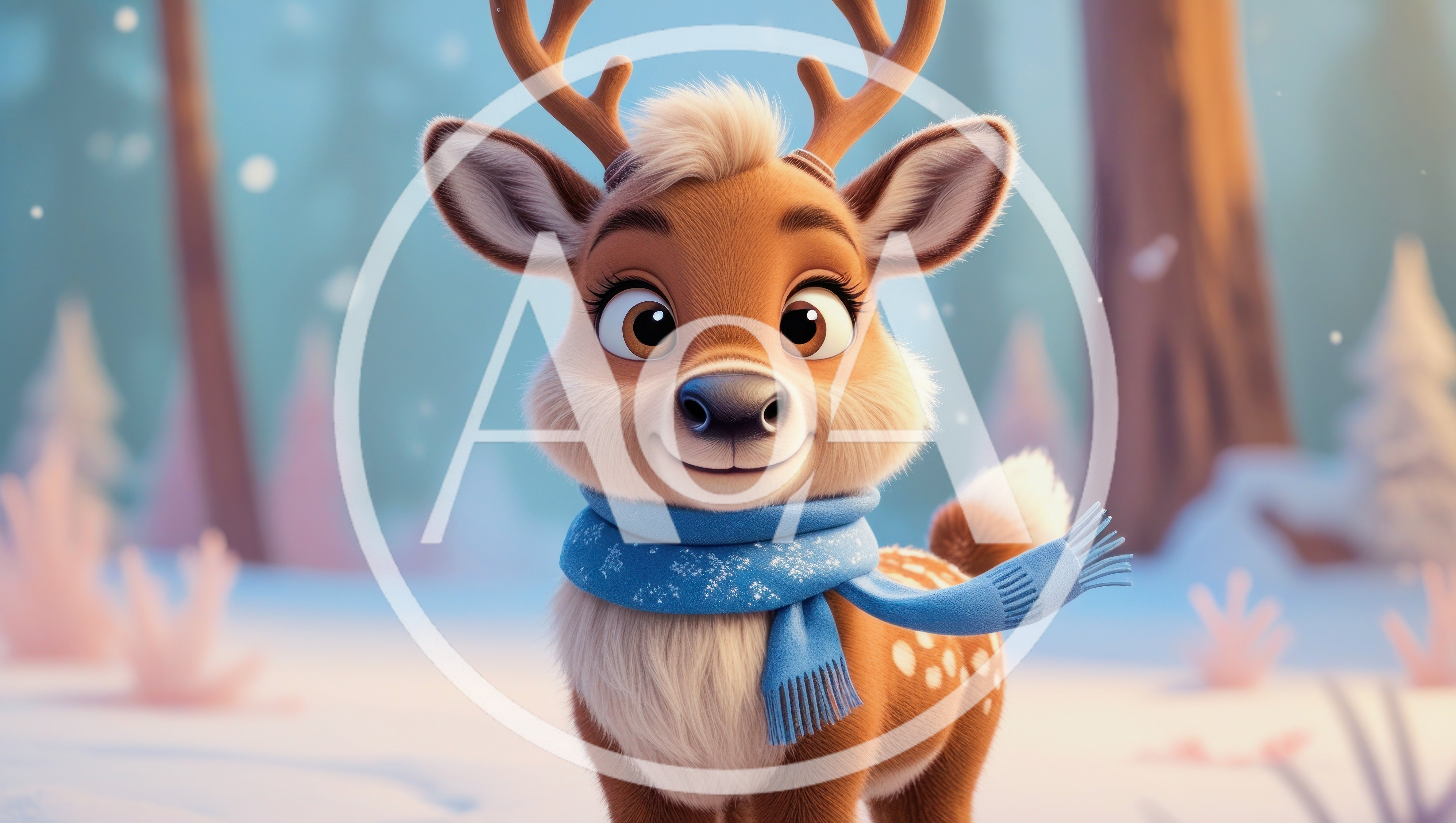 Cute Cartoon Reindeer Wearing A Blue Scarf
