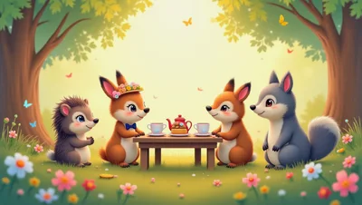 Cute Woodland Animals Having A Tea Party