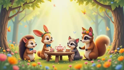 Cute Woodland Animals Having A Tea Party