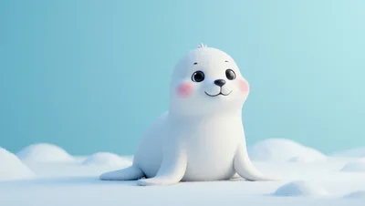 Cute Cartoon Harp Seal Pup on Snowy Landscape