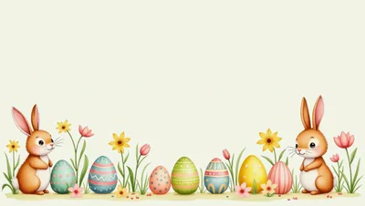 Cute Easter Bunnies With Decorated Eggs And Spring Flowers