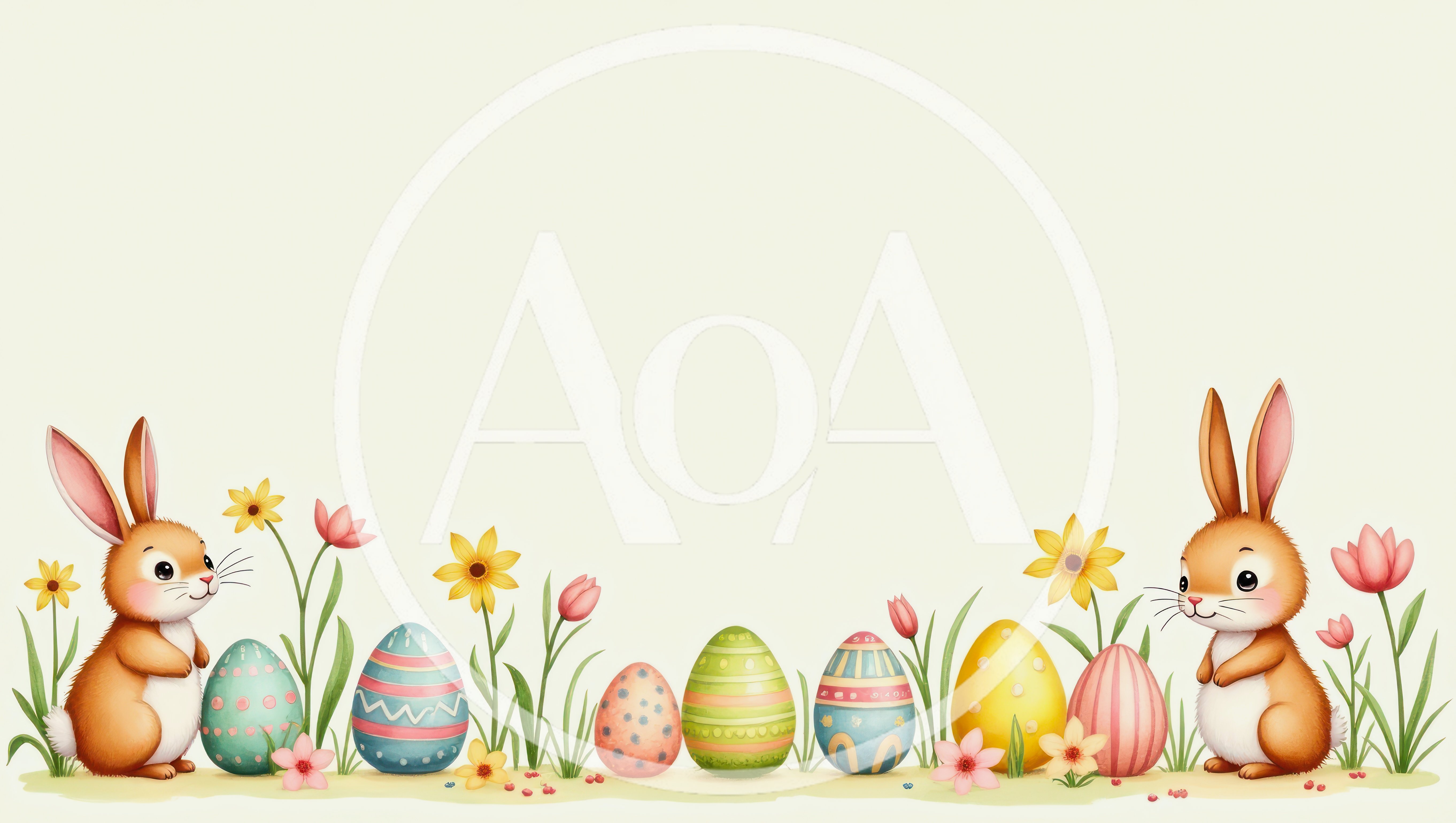 Cute Easter Bunnies With Decorated Eggs And Spring Flowers